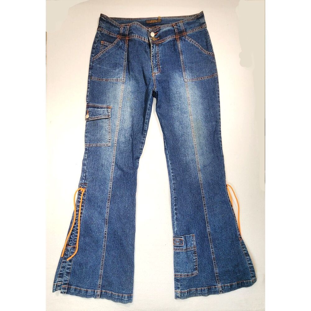 Neeso Jeans Cargo Flare Size 16 Y2K Utility Side Cord Detail Denim 7 Pockets